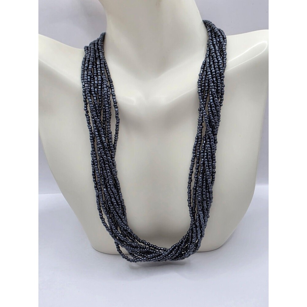 Vintage 10 Strand Black Seed Bead Necklace 18"
